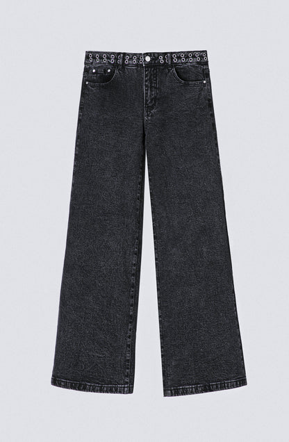 Pantalón Wide Leg Pretina Ojal Black