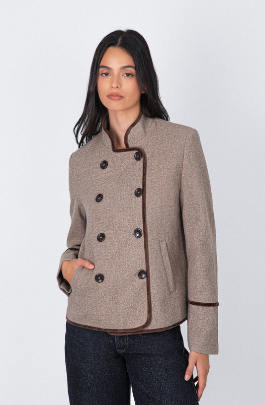 Casaca Cruzada Cuello Mao Beige